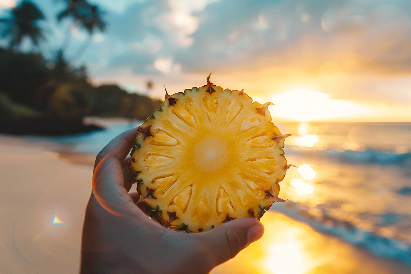 Image gratuite Personne tenant une tranche d&rsquo;ananas à la plage 5