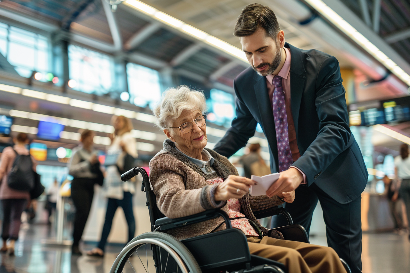 Image gratuite Personnel aidant femme âgée en fauteuil à l&rsquo;aéroport 1