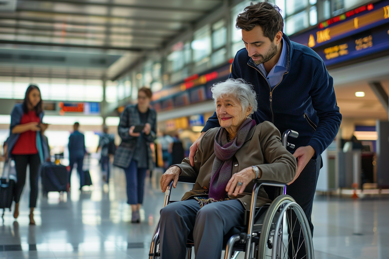 Image gratuite Personnel aidant femme âgée en fauteuil à l&rsquo;aéroport 2