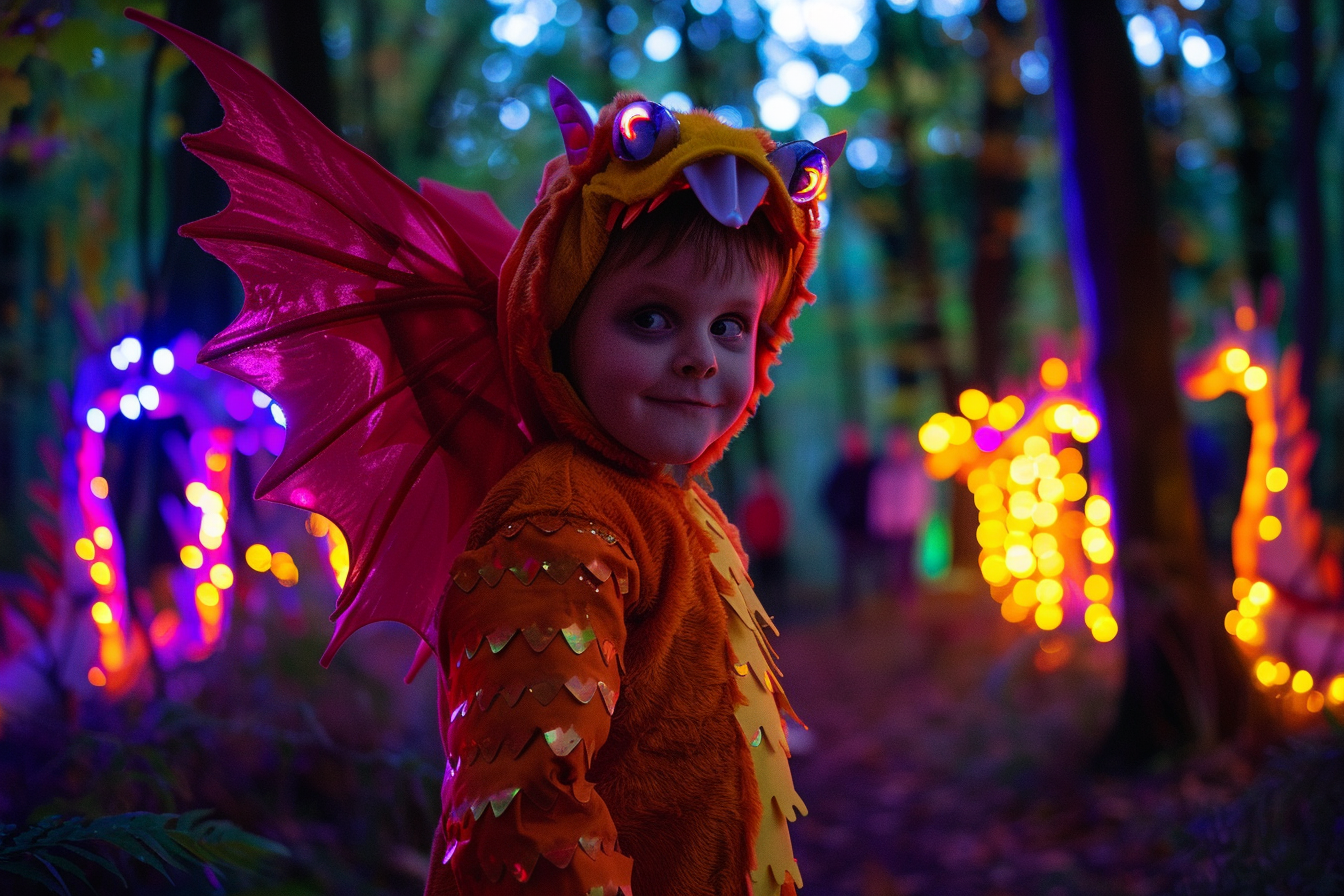 Image gratuite Petit dragon, forêt colorée, illuminée, décorations 1
