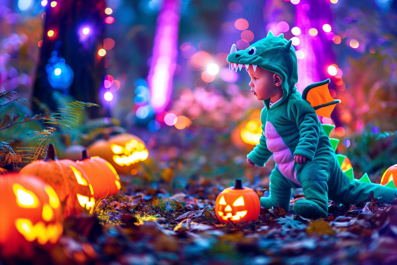 Image gratuite Petit dragon, forêt colorée, illuminée, décorations 2