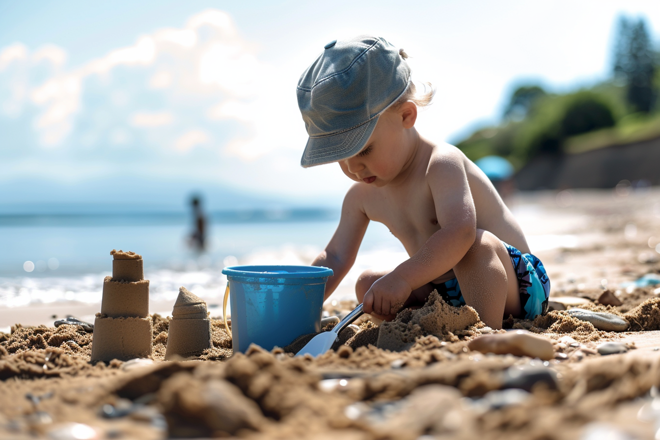Image gratuite Petit garçon construisant un château de sable à la mer 1