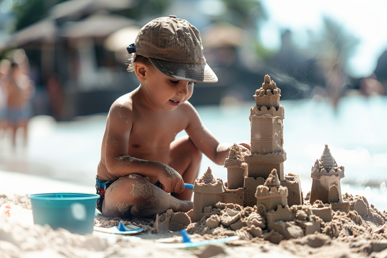 Image gratuite Petit garçon construisant un château de sable à la mer 2