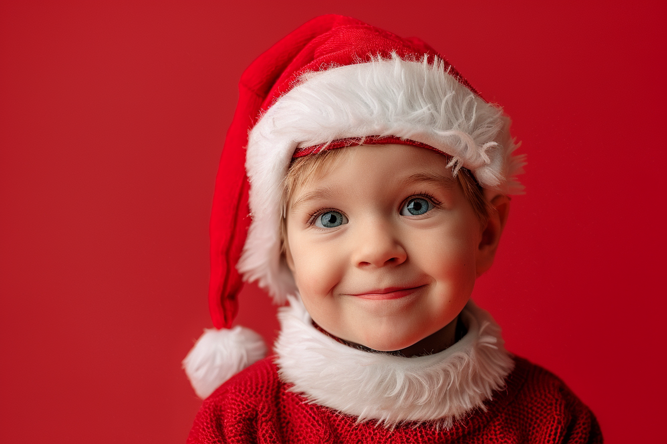 Image gratuite Petit garçon déguisé en Père Noël sur fond rouge 1