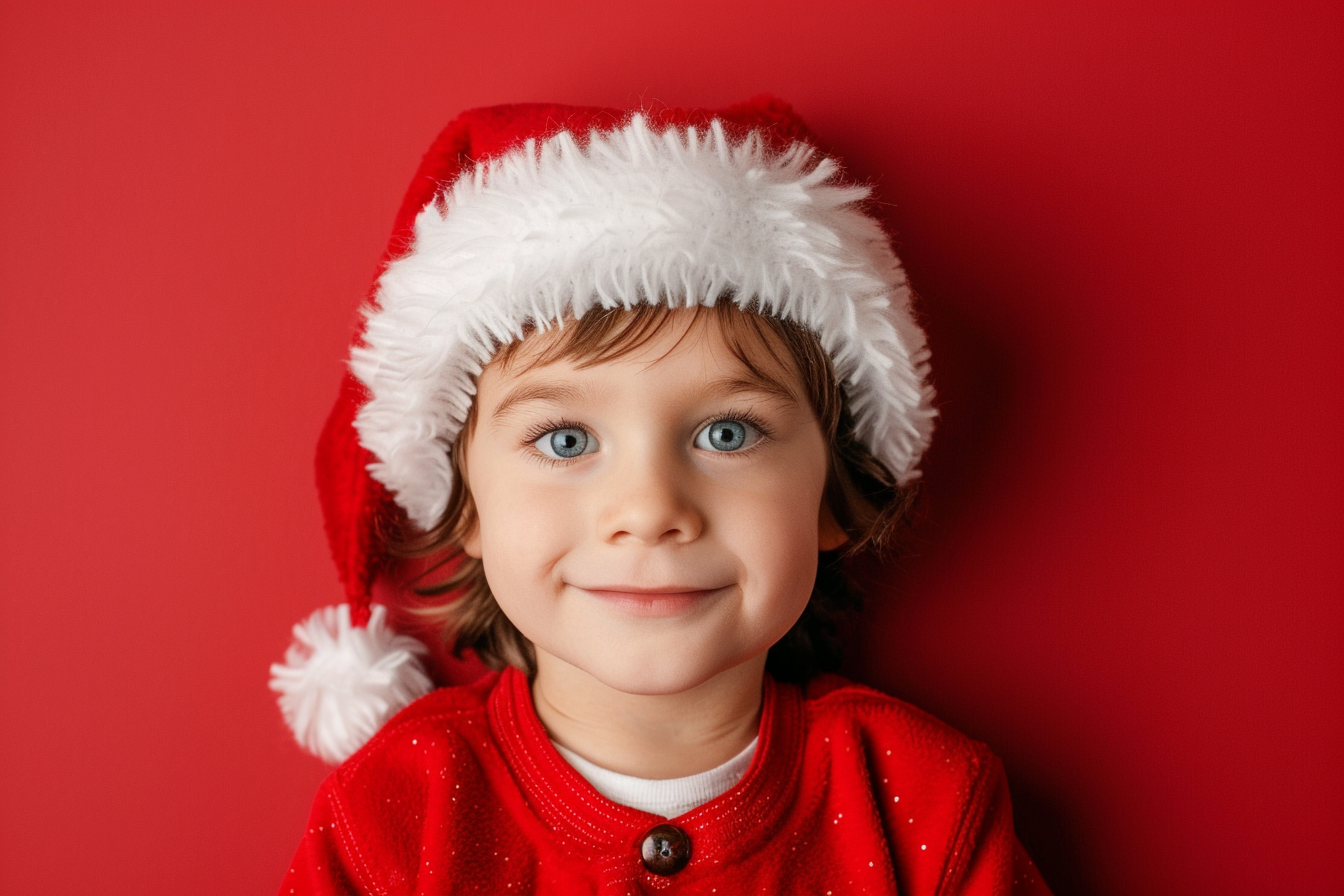 Image gratuite Petit garçon déguisé en Père Noël sur fond rouge 2