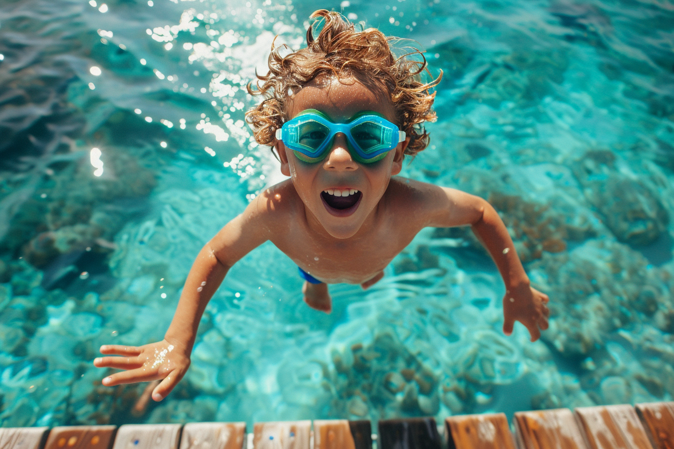 Image gratuite Petit garçon sautant d&rsquo;un quai dans l&rsquo;eau à la mer 1