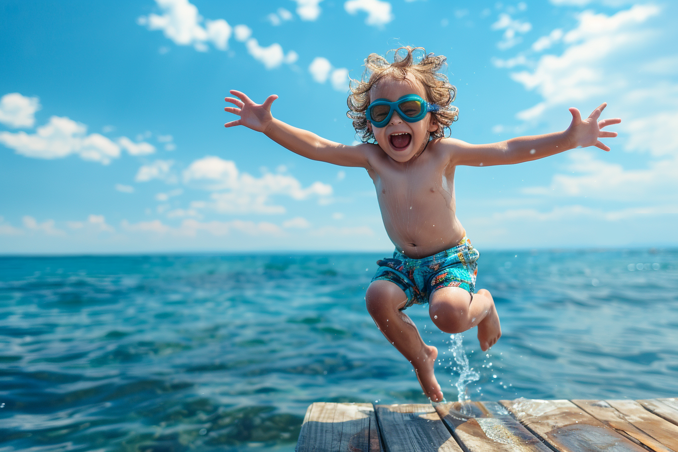 Image gratuite Petit garçon sautant d&rsquo;un quai dans l&rsquo;eau à la mer 2
