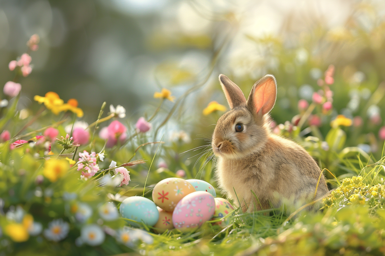 Image gratuite Petit lapin, œufs, colline fleurie 1