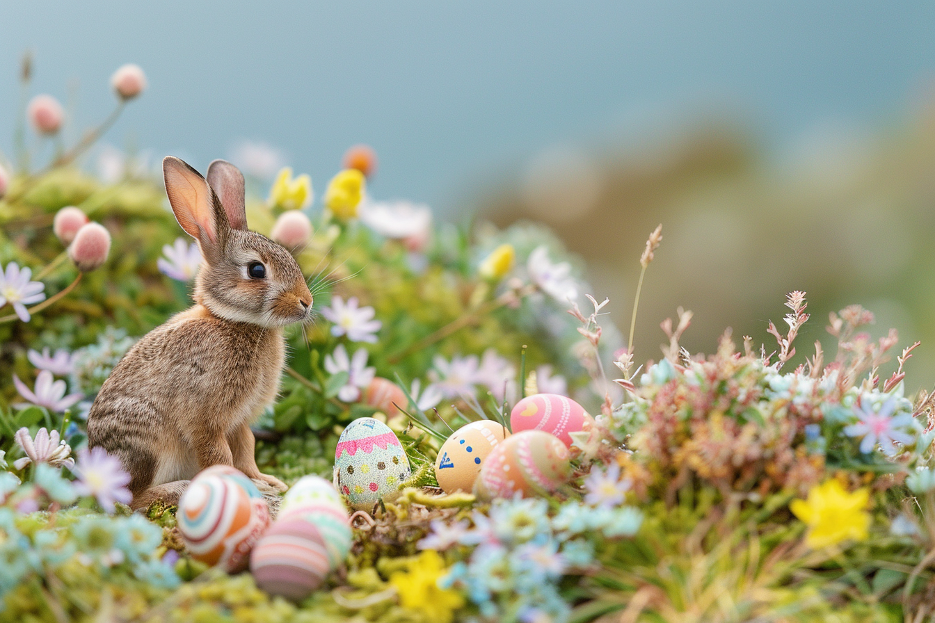 Image gratuite Petit lapin, œufs, colline fleurie 2