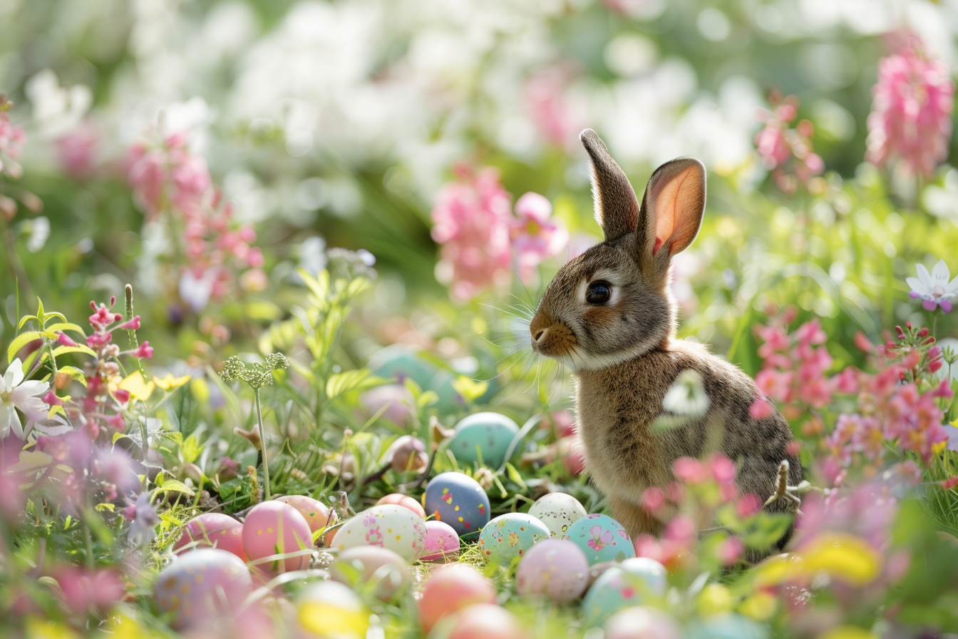 Image gratuite Petit lapin, œufs, colline fleurie 3