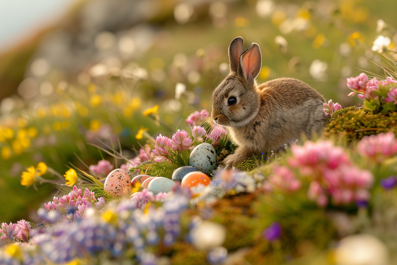 Image gratuite Petit lapin, œufs, colline fleurie 4
