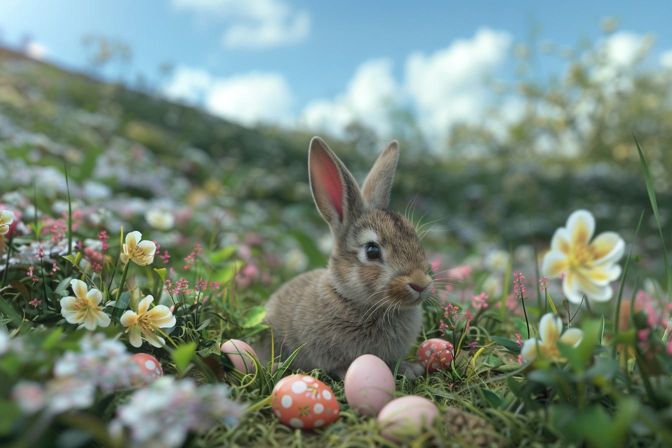 Image gratuite Petit lapin, œufs, colline fleurie 6