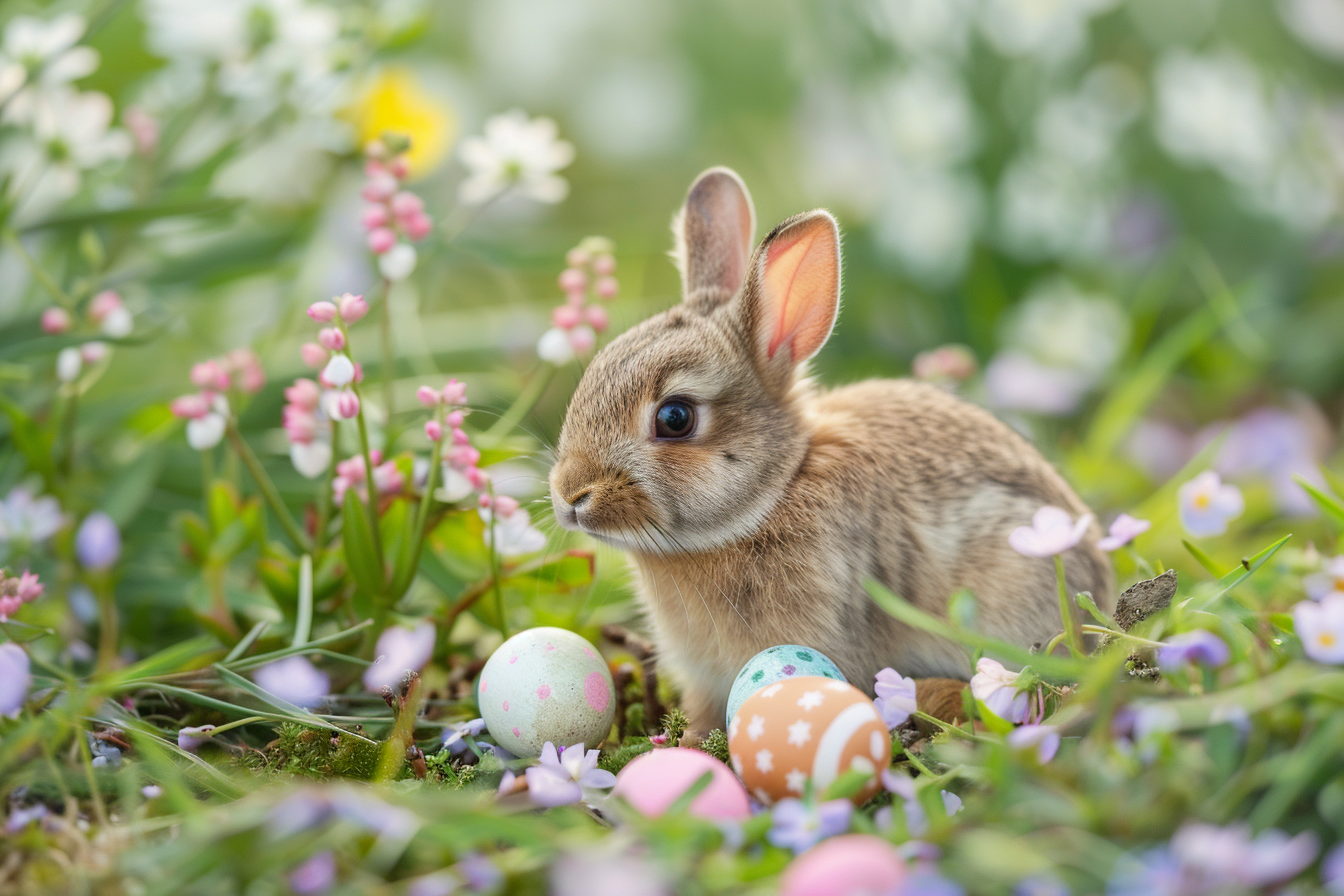 Image gratuite Petit lapin, œufs, colline fleurie 7