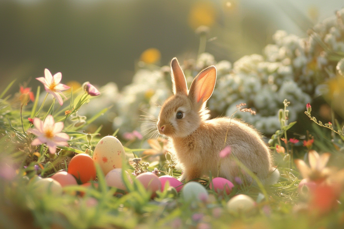 Image gratuite Petit lapin, œufs, colline fleurie 8