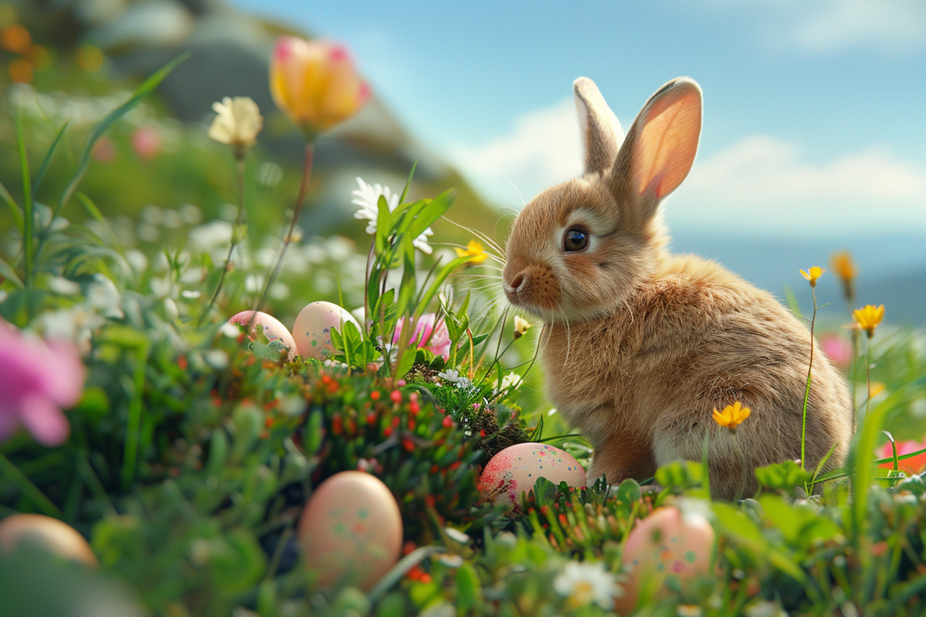 Image gratuite Petit lapin, œufs, colline fleurie 9