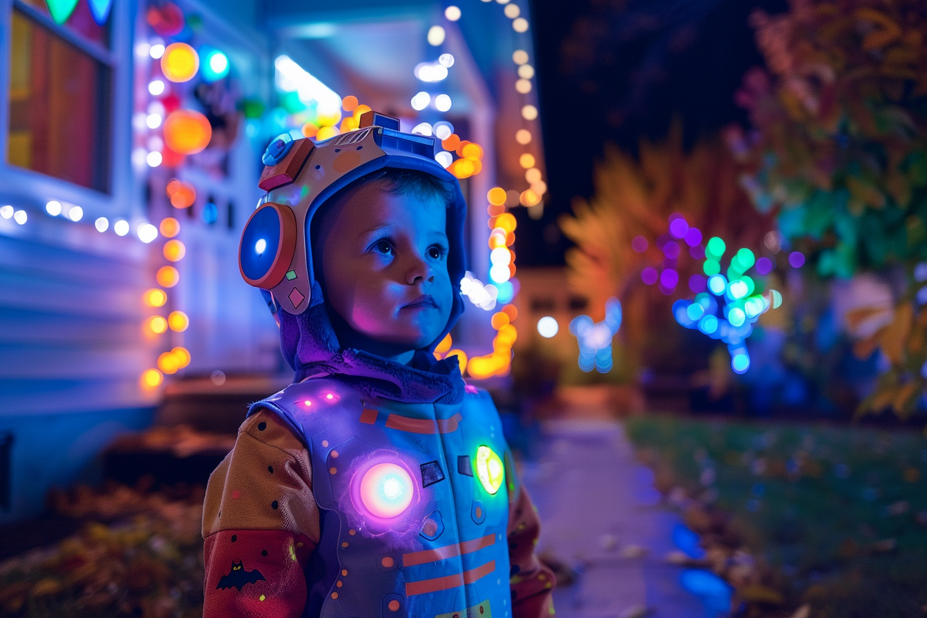 Image gratuite Petit robot, maison, lumières colorées Halloween 1