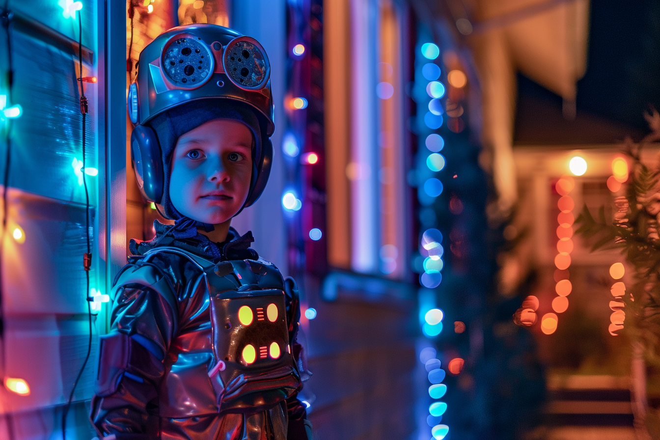 Image gratuite Petit robot, maison, lumières colorées Halloween 2