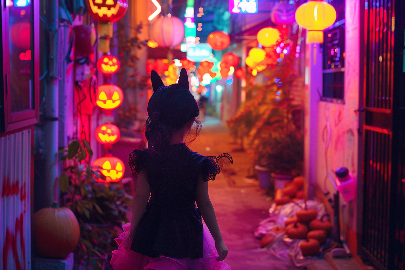 Image gratuite Petite chat, ruelle colorée, illuminée, décorations 1