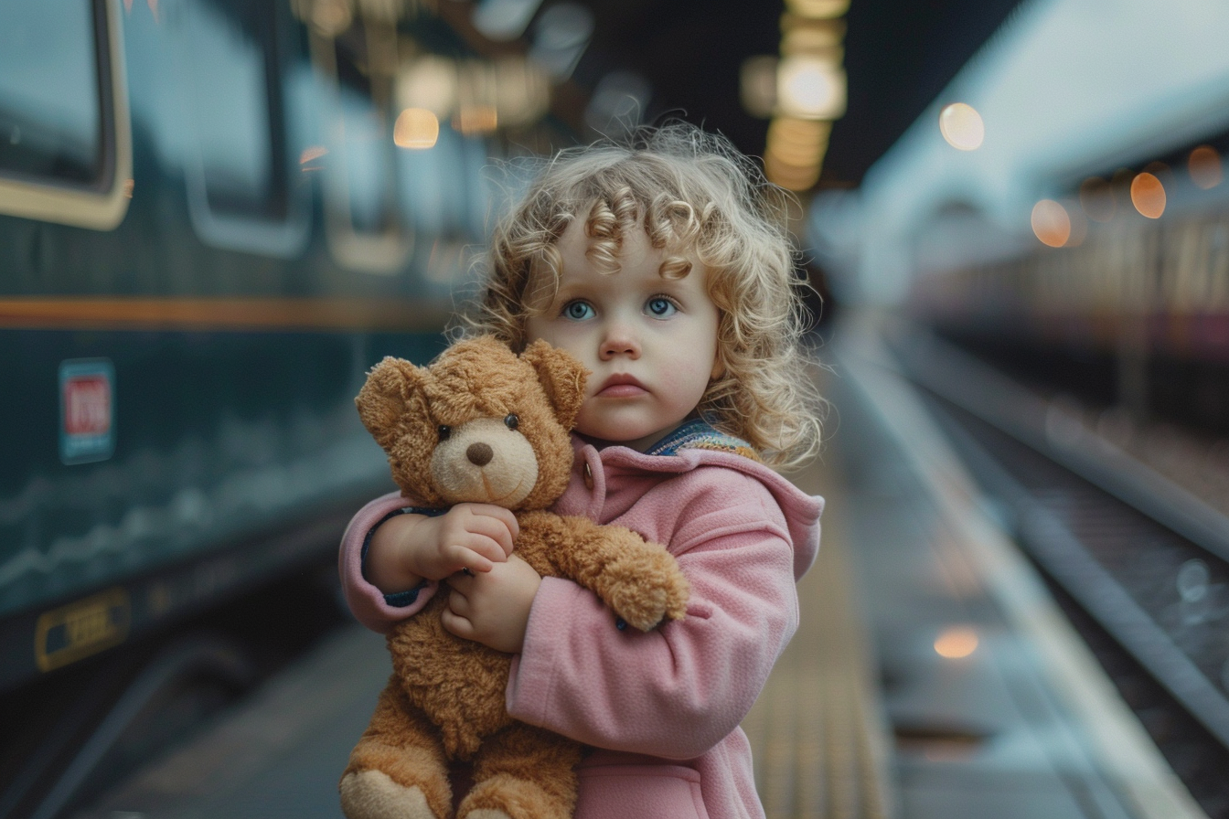 Image gratuite Petite fille avec un ours en peluche à la gare 2