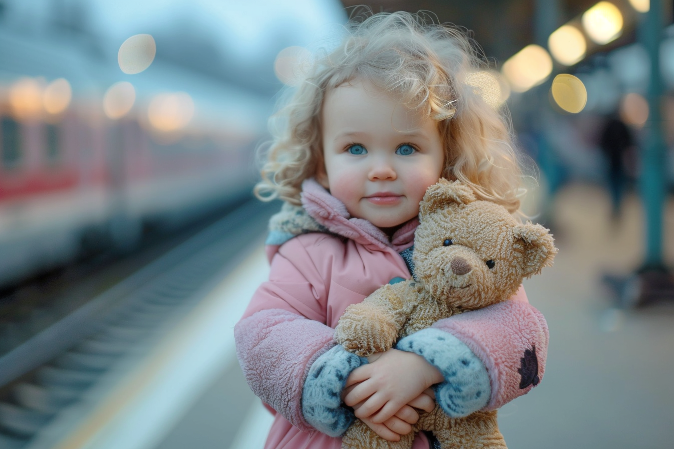 Image gratuite Petite fille avec un ours en peluche à la gare 3