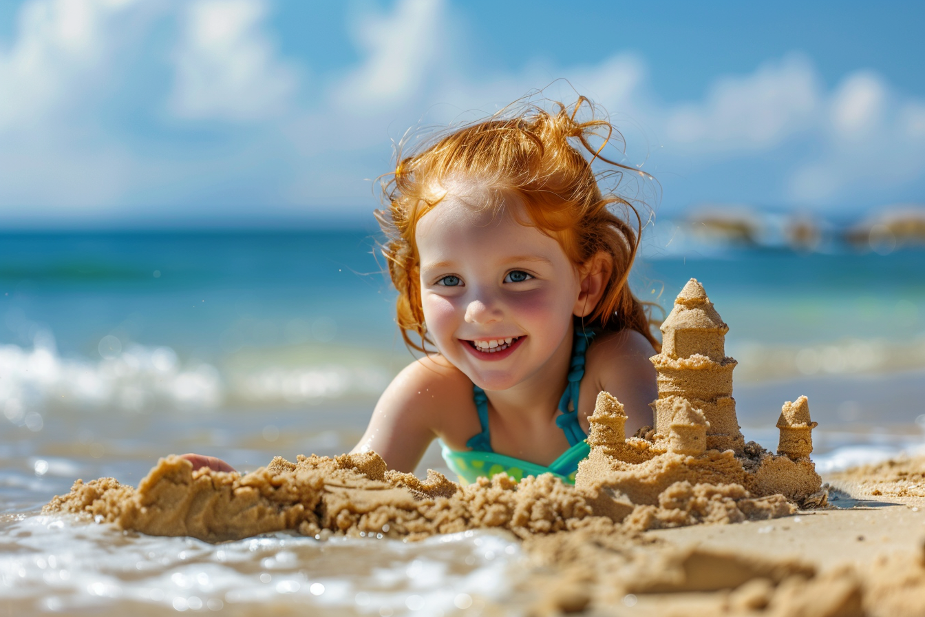 Image gratuite Petite fille construisant un château de sable à la mer 4