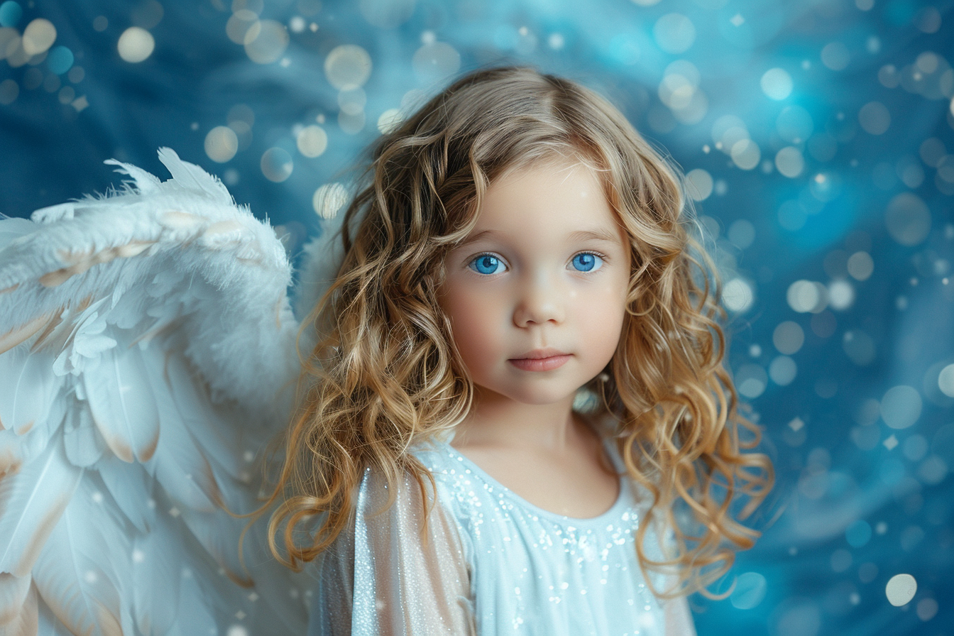 Image gratuite Petite fille déguisée en ange sur fond bleu céleste 1