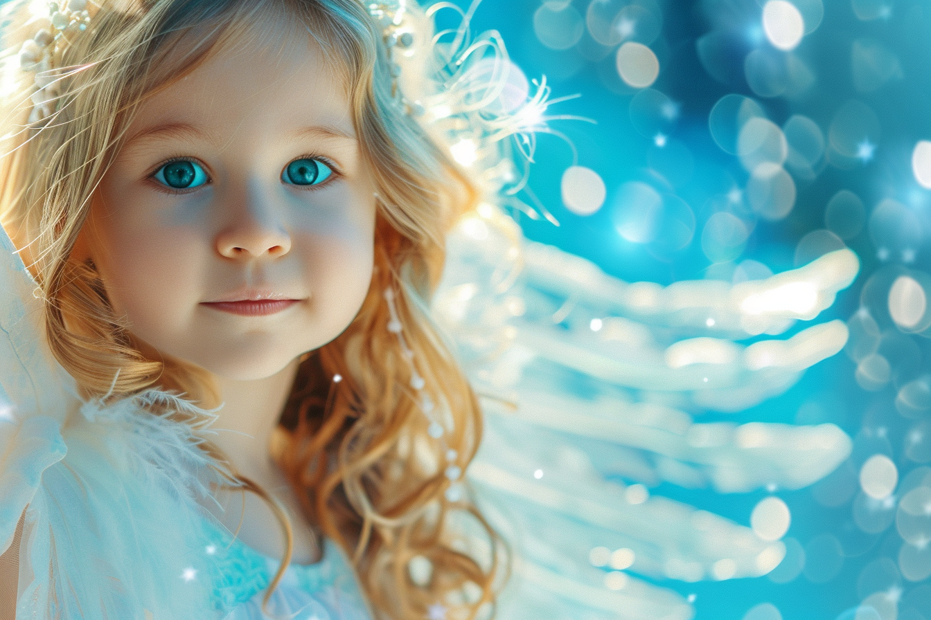 Image gratuite Petite fille déguisée en ange sur fond bleu céleste 2