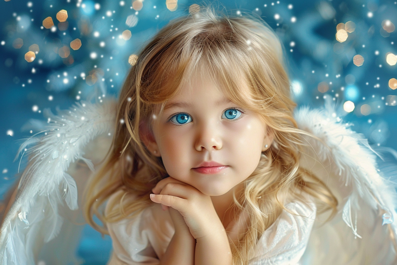 Image gratuite Petite fille déguisée en ange sur fond bleu céleste 3