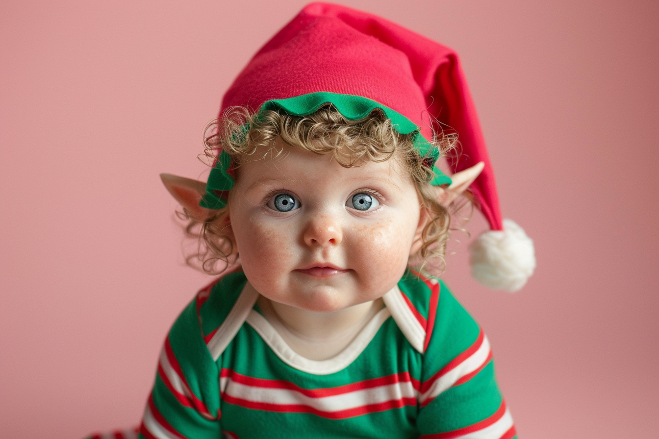 Image gratuite Petite fille déguisée en lutin de Noël sur fond rose 1