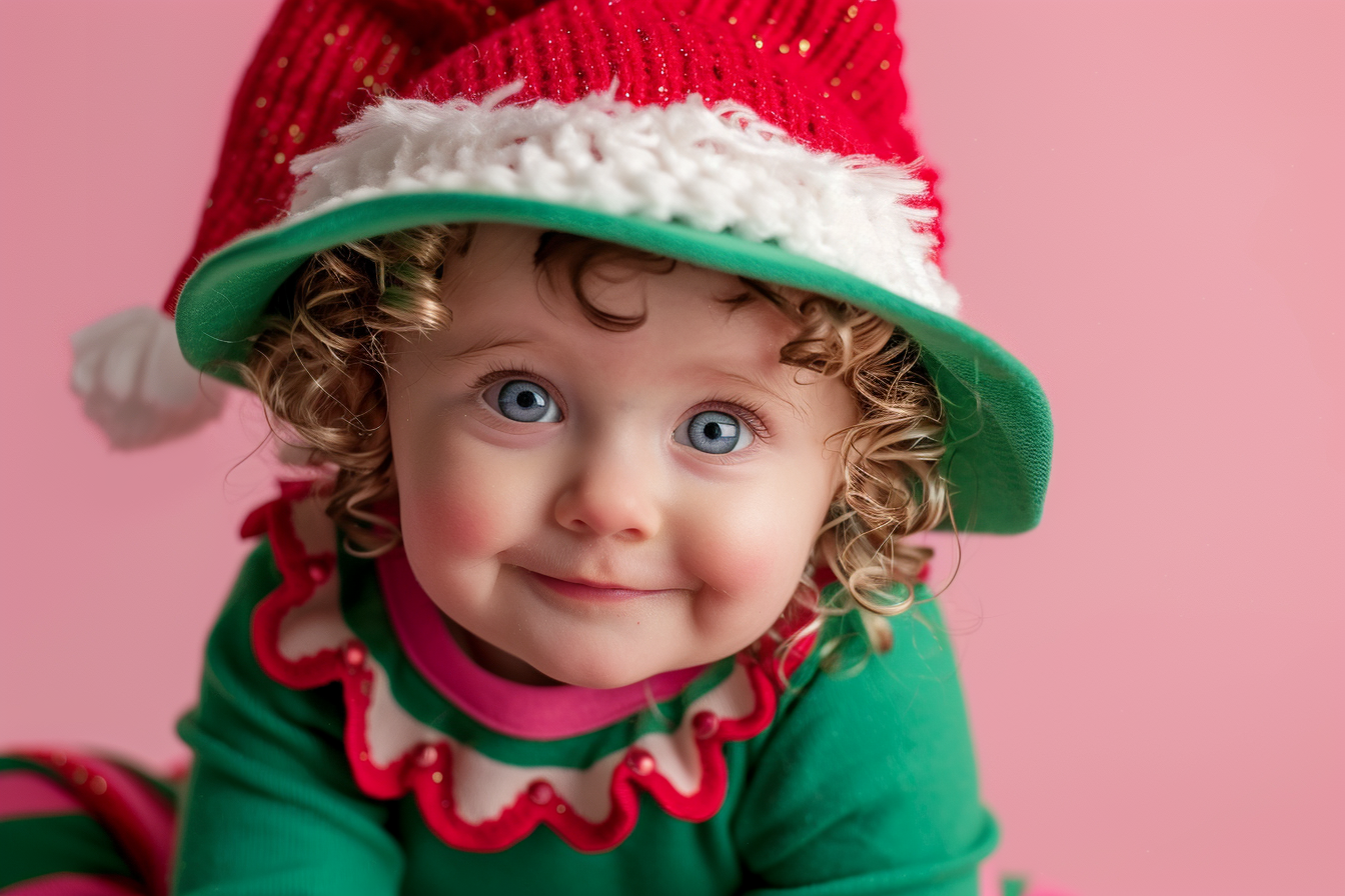 Image gratuite Petite fille déguisée en lutin de Noël sur fond rose 2
