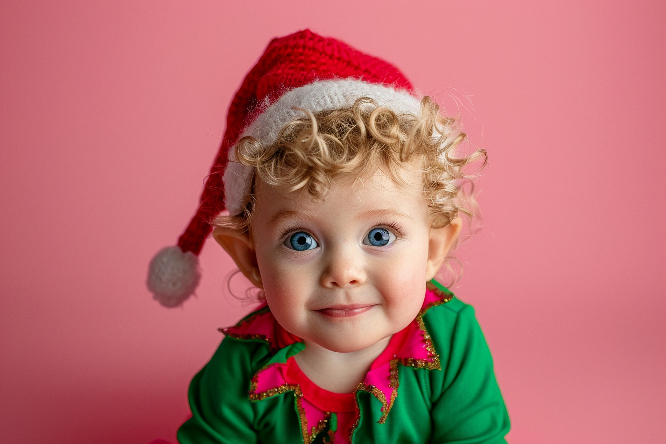 Image gratuite Petite fille déguisée en lutin de Noël sur fond rose 3