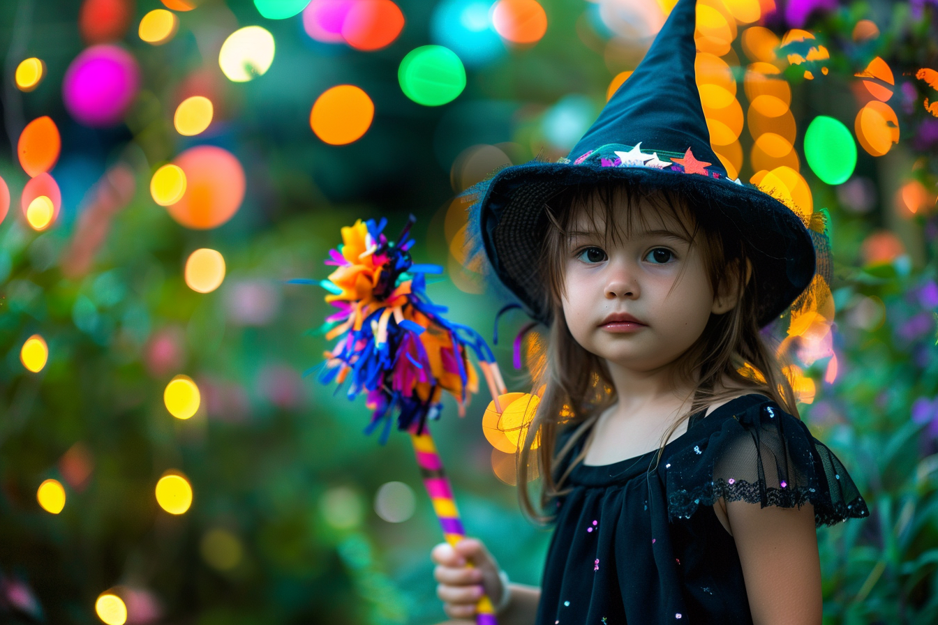 Image gratuite Petite sorcière, balai coloré, jardin illuminé 1