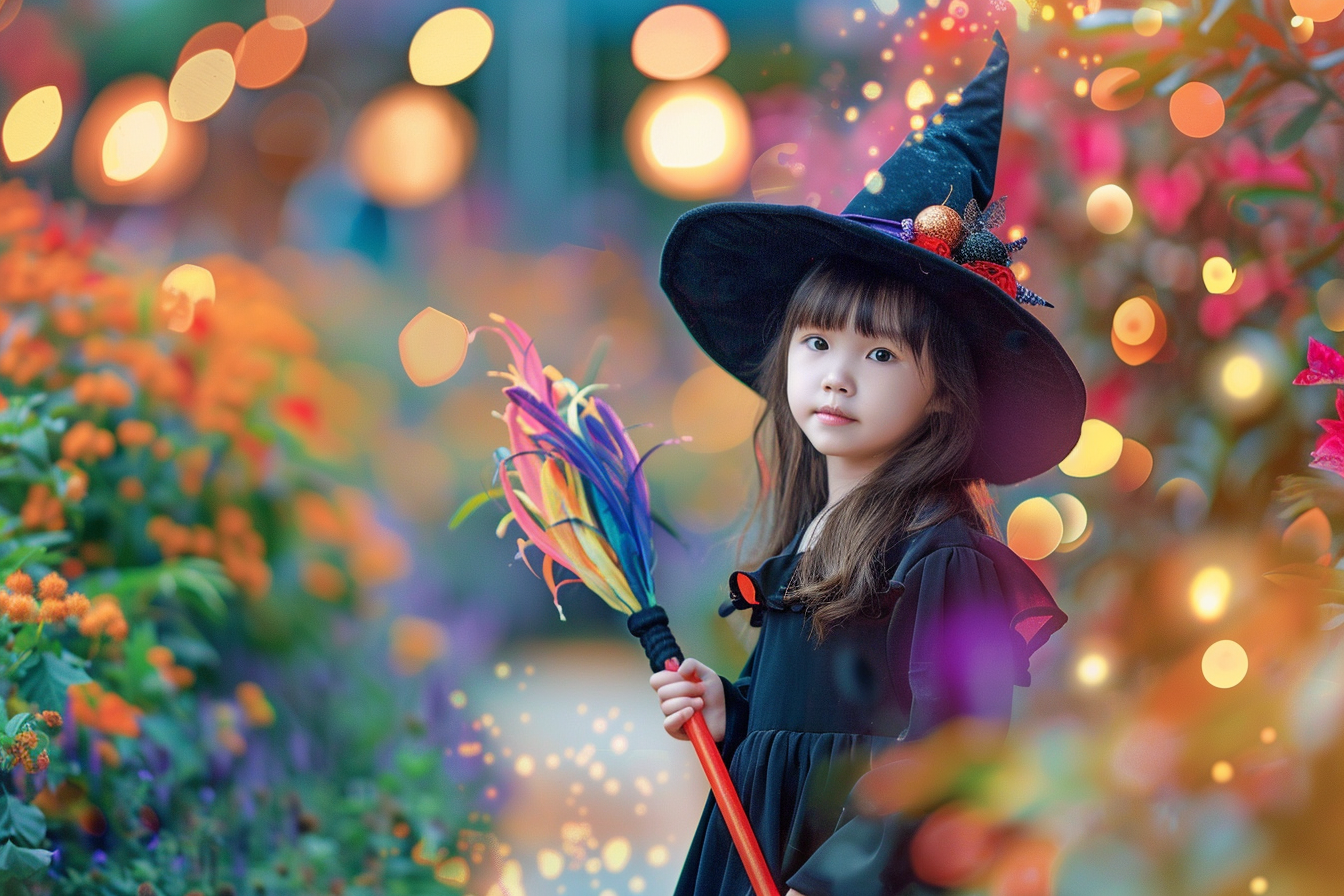 Image gratuite Petite sorcière, balai coloré, jardin illuminé 2