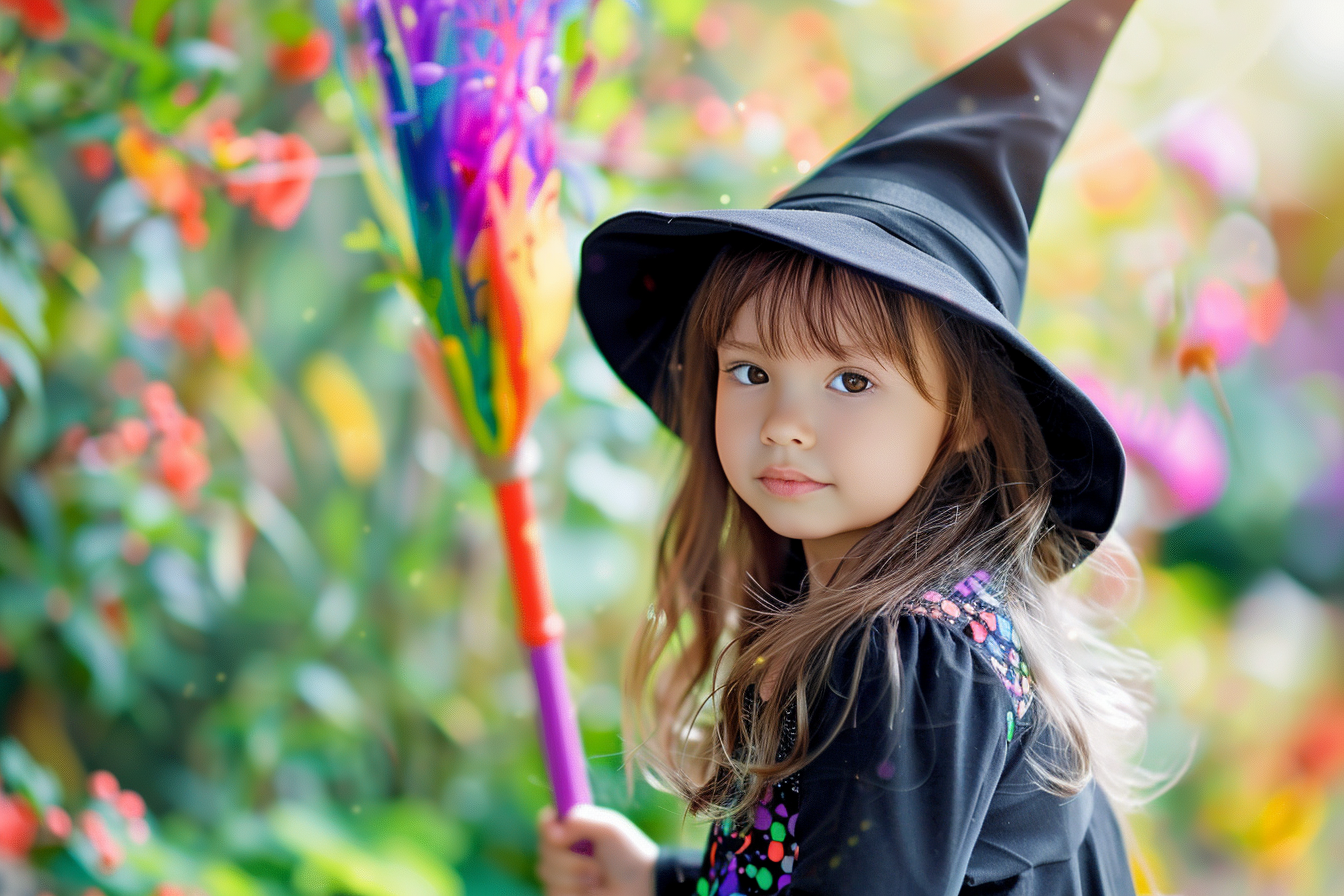 Image gratuite Petite sorcière, balai coloré, jardin illuminé 3