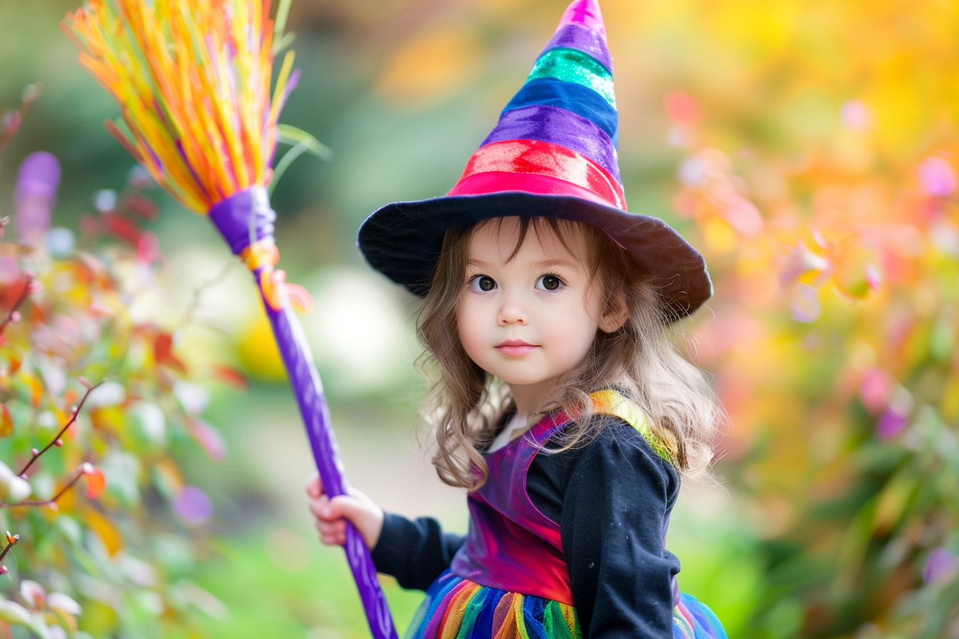 Image gratuite Petite sorcière, balai coloré, jardin illuminé 4