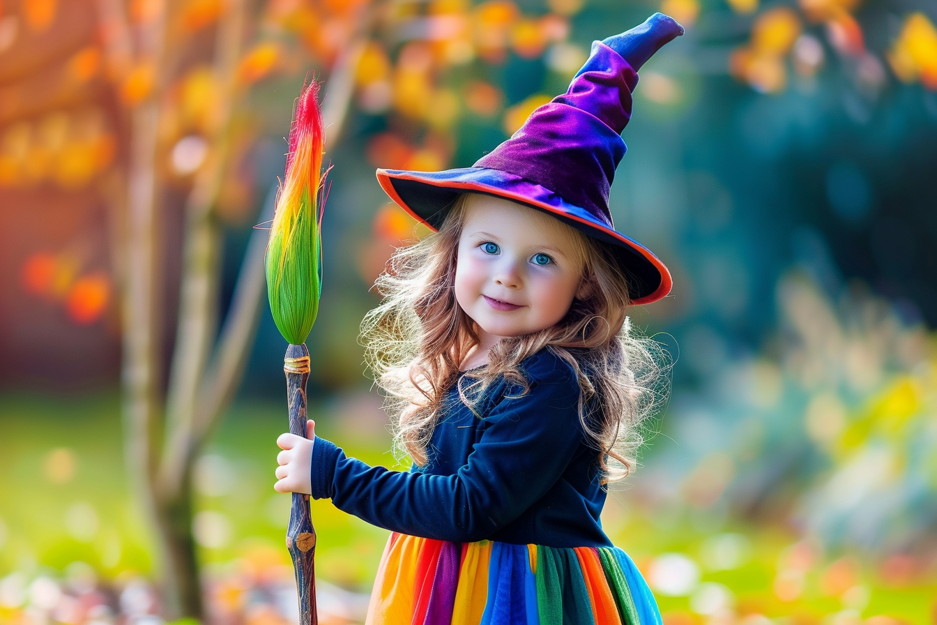 Image gratuite Petite sorcière, balai coloré, jardin illuminé 5