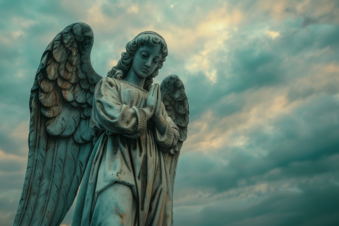 Image gratuite Plan contre-plongée statue d&rsquo;un ange, ciel nuageux 1