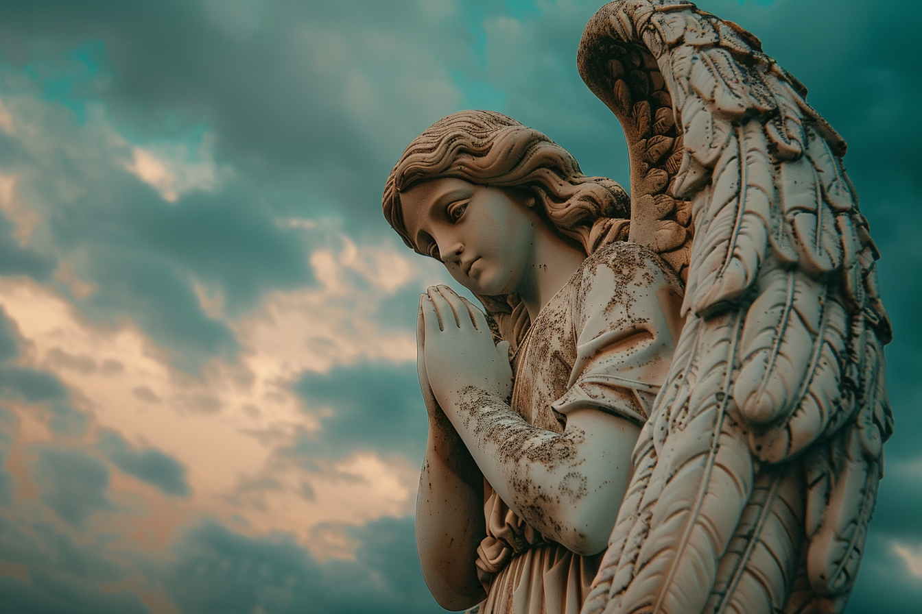 Image gratuite Plan contre-plongée statue d&rsquo;un ange, ciel nuageux 3