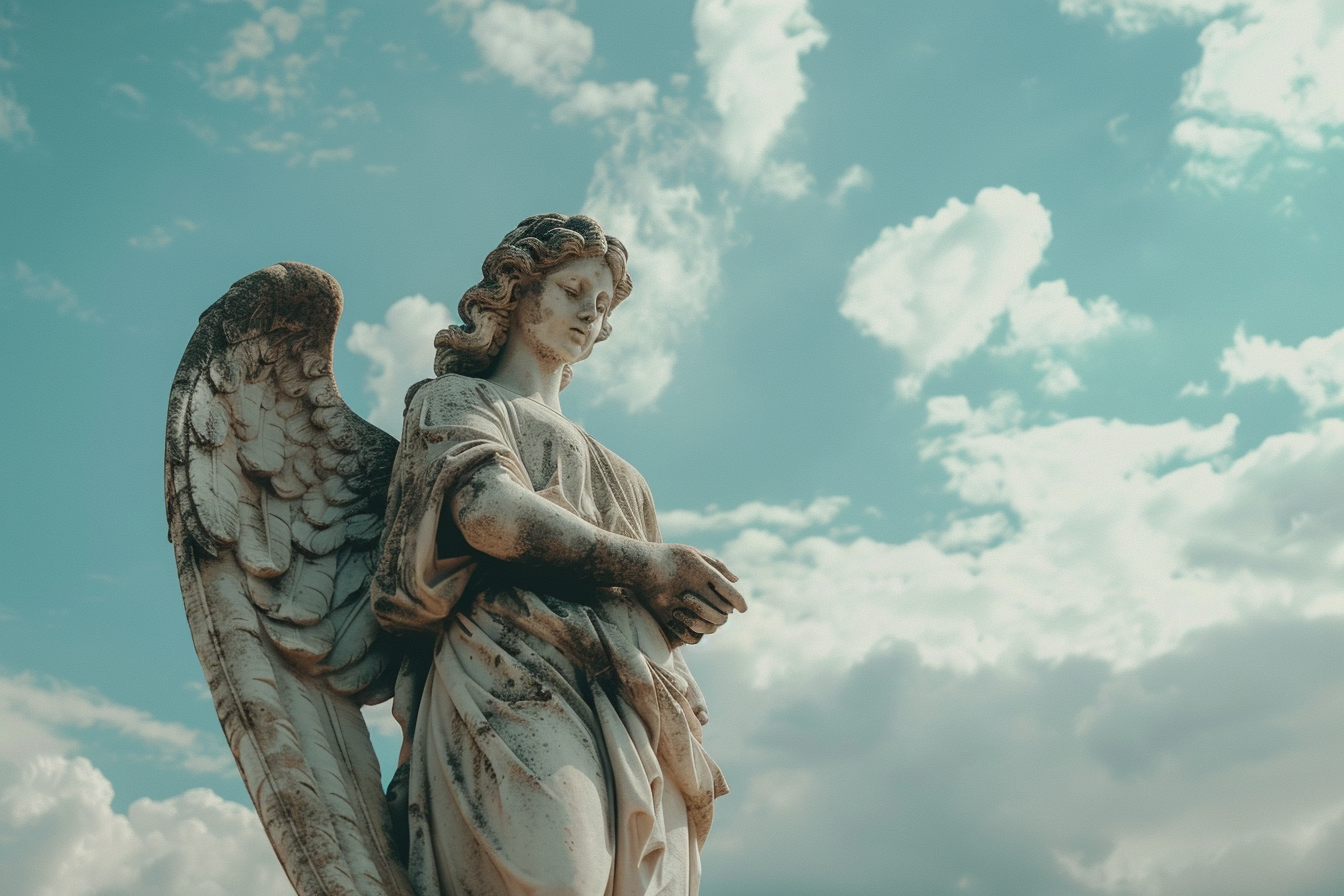 Image gratuite Plan contre-plongée statue d&rsquo;un ange, ciel nuageux 4