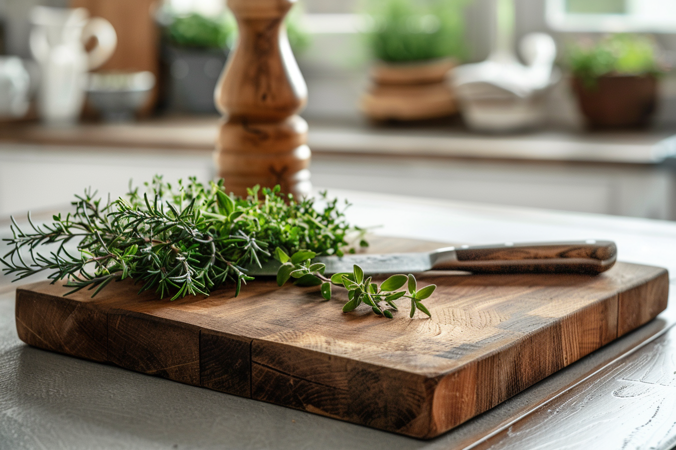 Image gratuite Planche à découper en bois avec herbes fraîches 1