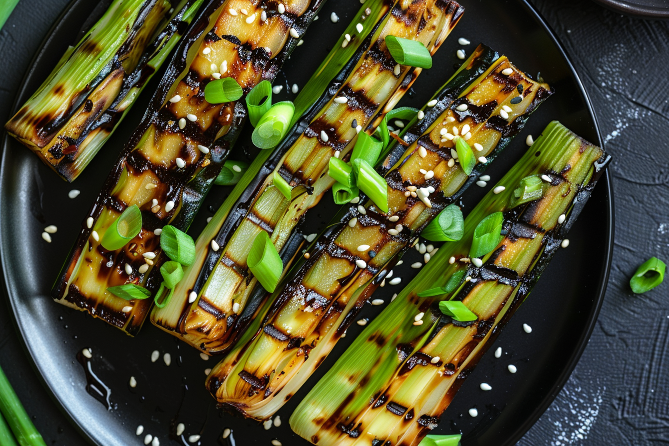 Image gratuite Poireau grillé sur assiette noire 1