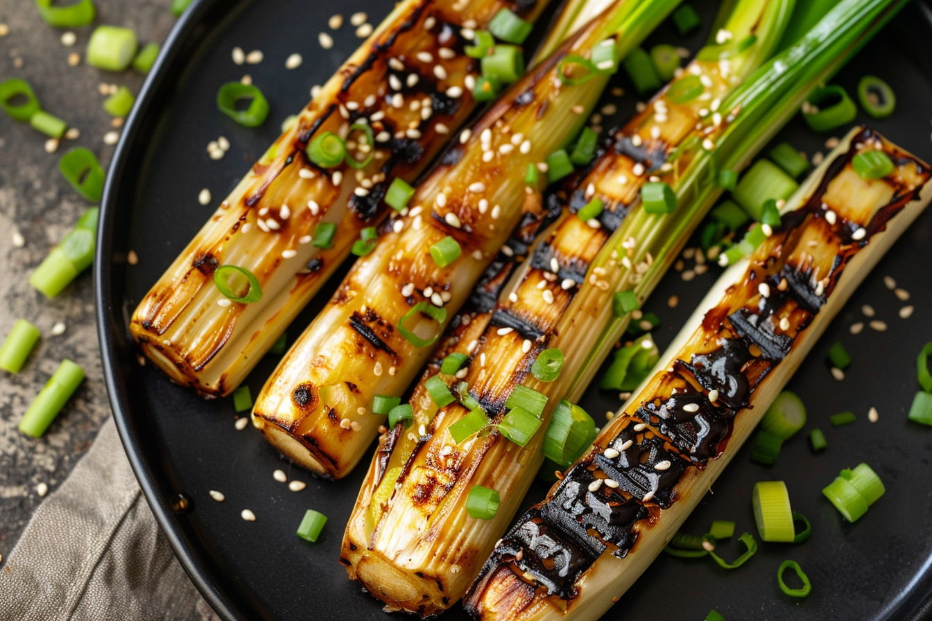 Image gratuite Poireau grillé sur assiette noire 2