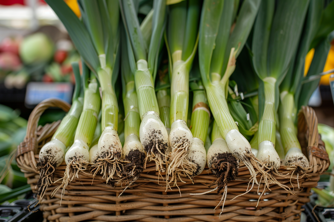 Image gratuite Poireaux dans panier au marché 1