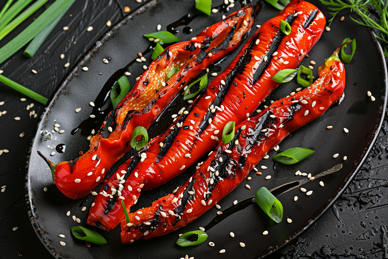 Image gratuite Poivron rouge grillé sur assiette noire 1