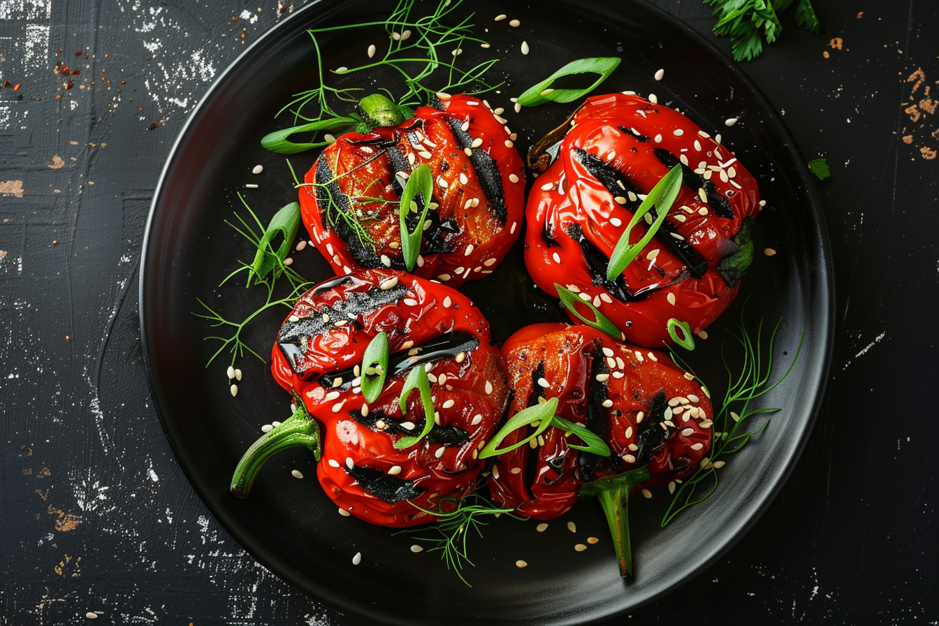Image gratuite Poivron rouge grillé sur assiette noire 2