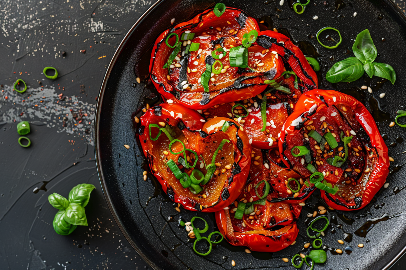 Image gratuite Poivron rouge grillé sur assiette noire 3