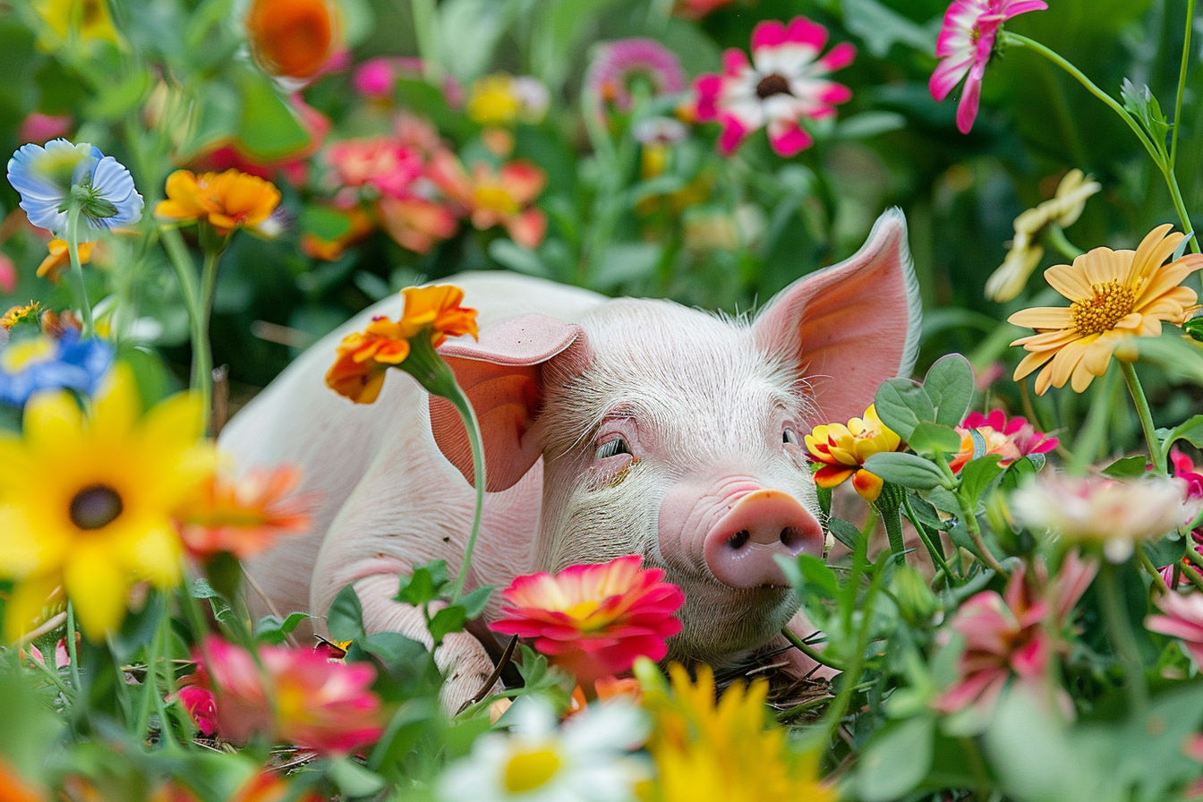 Image gratuite Porcelet dans lit de fleurs 1