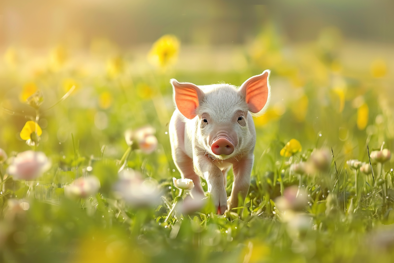 Image gratuite Porcelet joueur dans prairie ensoleillée 1