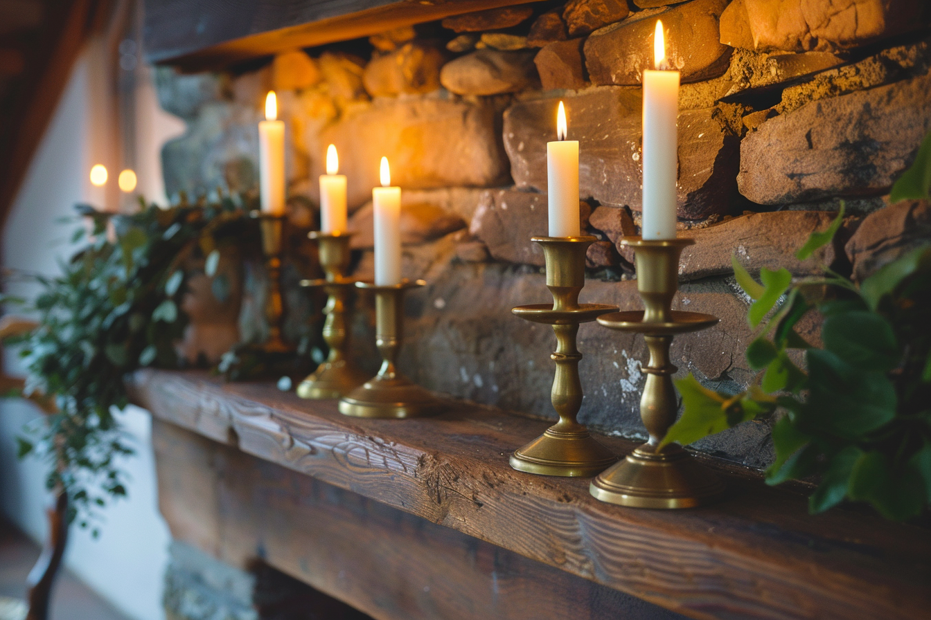 Image gratuite Porte-bougie en laiton sur cheminée en bois 2