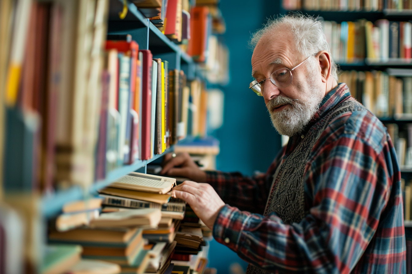 Image gratuite Portrait d&rsquo;un bibliothécaire âgé organisant des livres 2